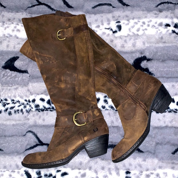 Born Shoes - Born Naturally Distressed Tall Genuine Leather Boots w/Buckles — 7.5 — Like New
